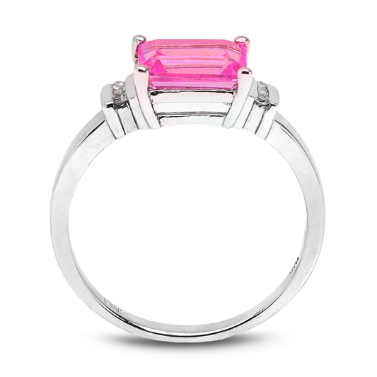 Pink Reverie: The Emerald-Cut Blossom Ring, White Gold 10k set with Pink Topaz and Diamonds