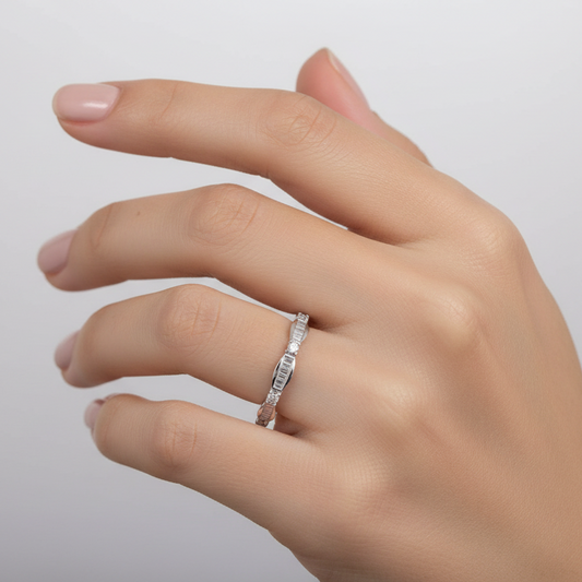10K White Gold Band with Baguette and Round Diamond Accents