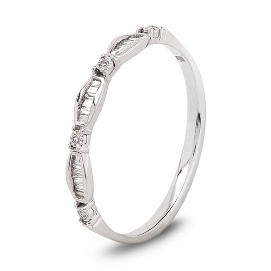 Slim White Gold Band with Baguette and Round Diamond Accents, 10k