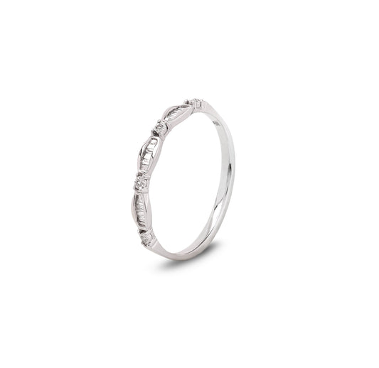 10K White Gold Band with Baguette and Round Diamond Accents