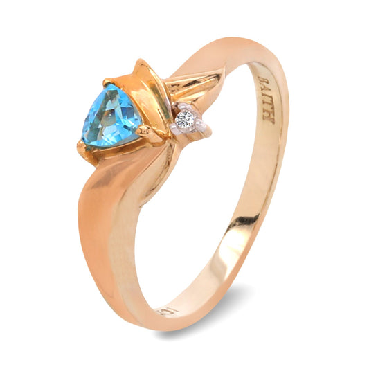Yellow Gold Ring, Triangle Blue Topaz and Diamonds, 10k