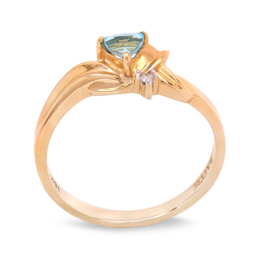 Yellow Gold Ring, Triangle Blue Topaz and Diamonds, 10k