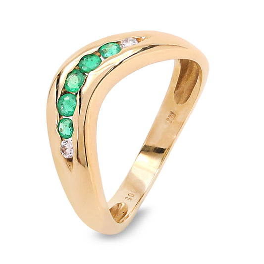 Yellow Gold Curve Shape Emerald and Diamond Band. 14k, E: 0.15ct TDW: 0.04ct