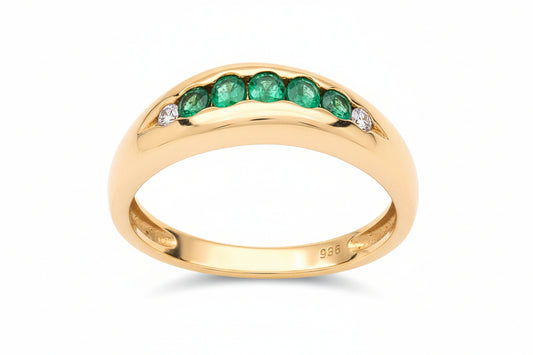 14K Yellow Gold Curve Shape Emerald and Diamond Band. E: 0.15ct TDW: 0.04ct