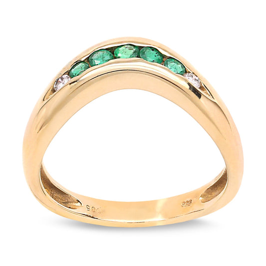 Yellow Gold Curve Shape Emerald and Diamond Band. 14k, E: 0.15ct TDW: 0.04ct