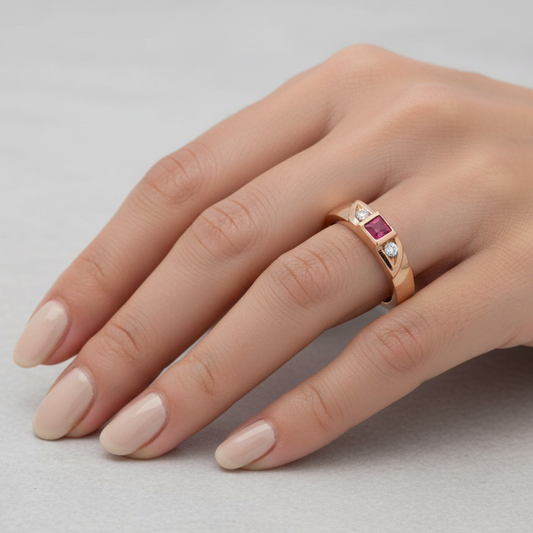 14K Yellow Gold Princess cut Ruby and Diamond Ring
