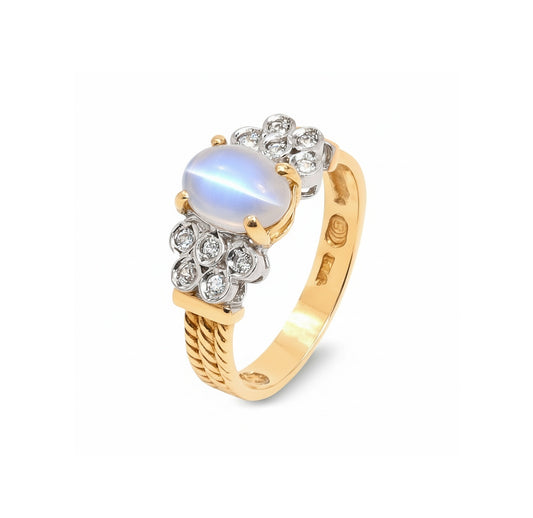 14K Yellow Gold Moon Stone and Diamond Ring. M: 1.06ct TDW: 0.15ct