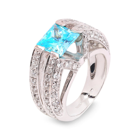 Futuré Luxe Ring with Princess-Cut Blue Topaz and Diamond Accents. 18k, set with 68 Round Diamonds,  TDW: 0.96ct, SI, GH