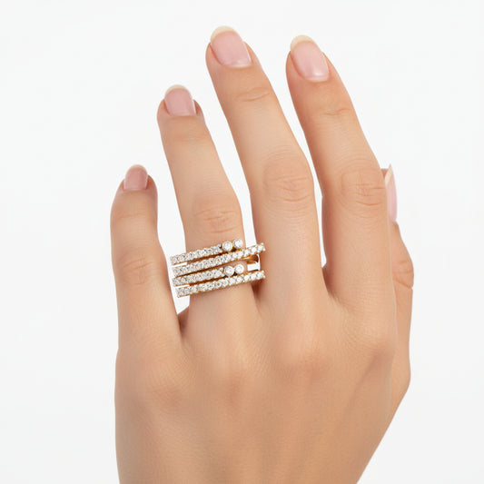 Yellow Gold Ring with 4 Rows of Diamonds ,18k, TDW:0.85ct , Clarity: SI, Color: GH