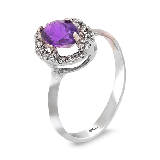 White Gold Oval Amethyst with Diamond Halo Ring. 14k,  A: 0.54ct, TDW: 0.16ct
