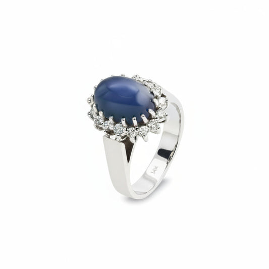 14K White Gold Vintage Enhanced Moon Sapphire & Diamond Ring