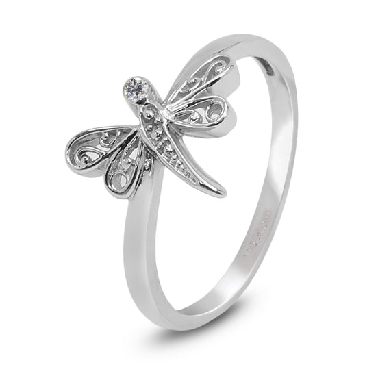 White Gold Dragon Fly Ring with Small Diamond, 10k