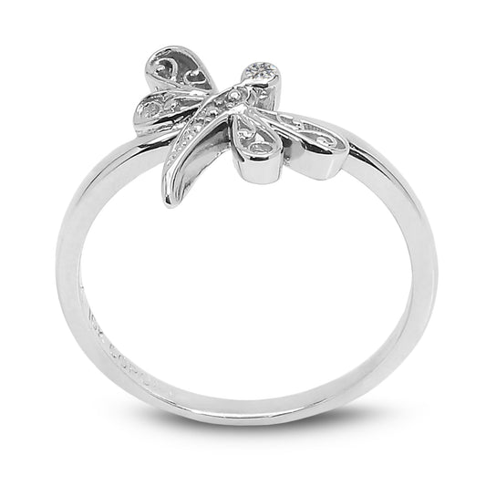 White Gold Dragon Fly Ring with Small Diamond, 10k