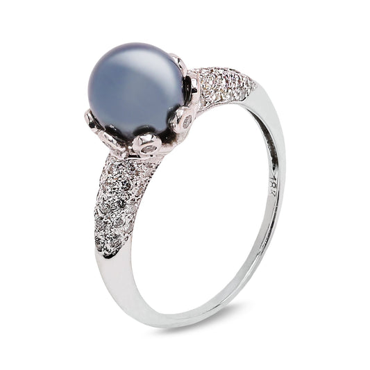 White Gold South Sea Tahitian Pearl and Pavé Diamond Ring. 18k,  P: 7.3mm,  TDW: 0.26ct