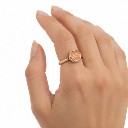 Yellow Gold Ring with Hexanol Design on top sett with Tiger Eyes, 18k , 2.7gr