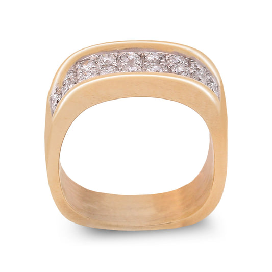 Yellow Gold Pave Diamond Ring Square Style setting with 18 Round Diamonds in Two Rows. TDW: 0.54ct. VS1-2 FG
