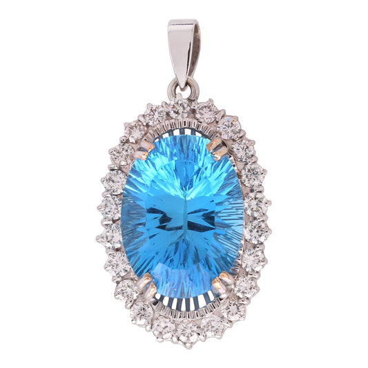 White Gold Oval Blue Topaz and Diamond Pendant. 18k, T: 8.2ct, TDW:0.66ct