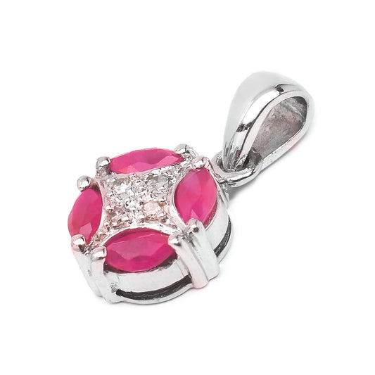 White Gold Pendent set with Four Rubies and Four Round diamonds, 10k