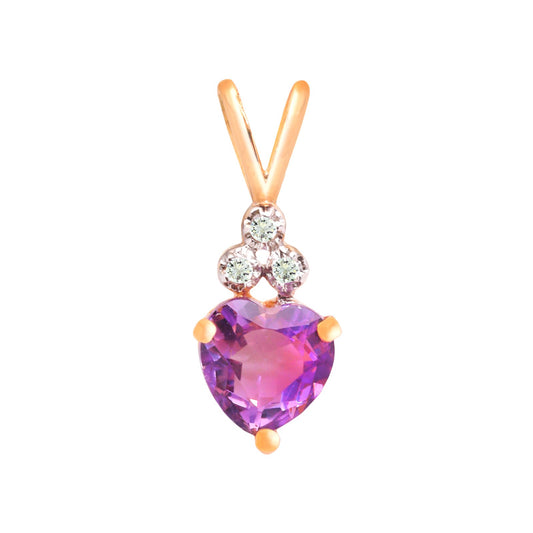 Yellow Gold Pendent with one Heart cut Amethyst and one Diamond, 14k