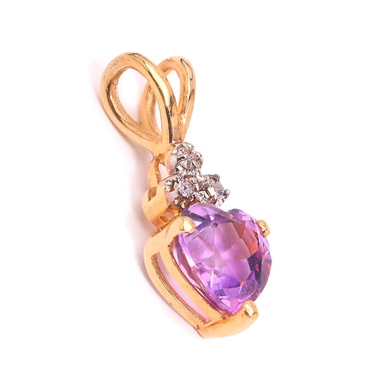 Yellow Gold Pendent with one Heart cut Amethyst and one Diamond, 14k