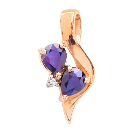 Yellow Gold pendent setting with two Pear Shape Sapphire and one Diamond, 10k