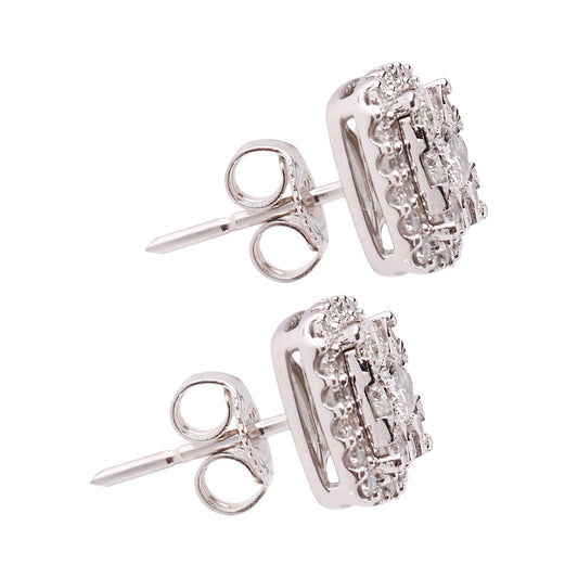 White Gold Cluster Halo Cushion Shape Diamond Earrings. TDW: .63ct,  SI, I, 14K