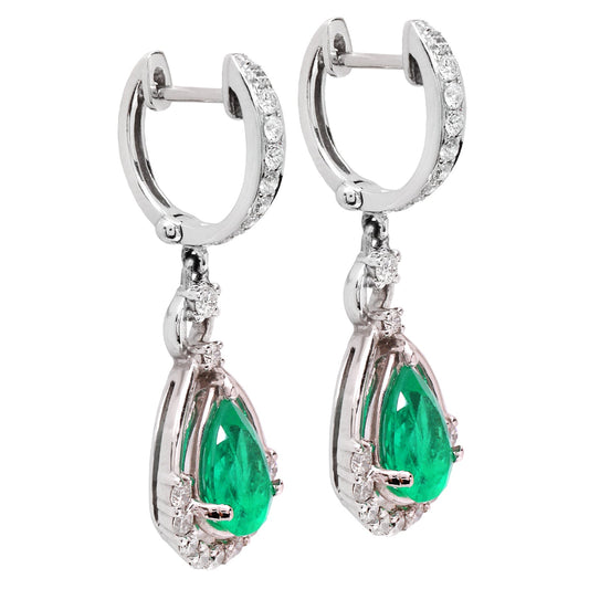 White Gold Natural Pear Shape Emerald and Diamond Earrings. 18k  E:  0.6ct/each. ,TDW: 0.84ct. SI GH