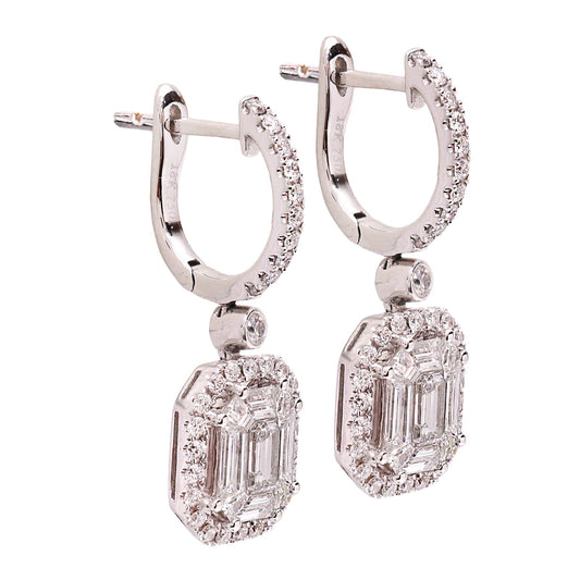 White Gold Diamond Earrings with Invisible Setting with Emerald and Baguette Cut Diamonds and 72 Round Diamonds . TDW: 2.96ct. VS  EF