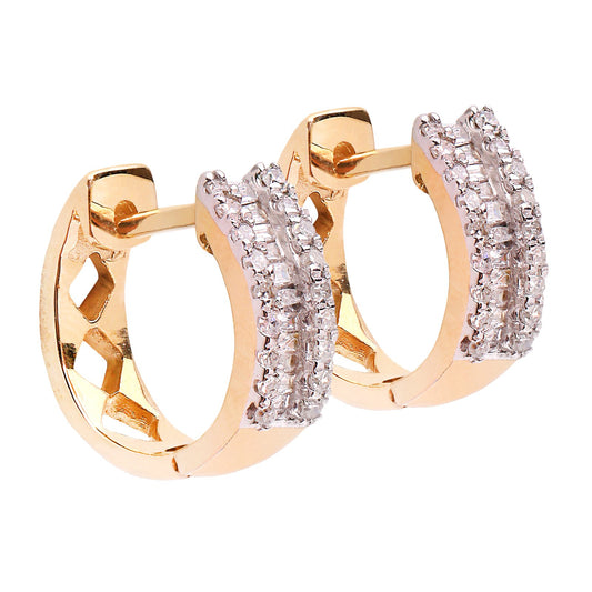 Yellow Gold Huggies Earrings setting with Round and Baguette Cut diamonds, TDW: 0.2ct, H, I, 10k