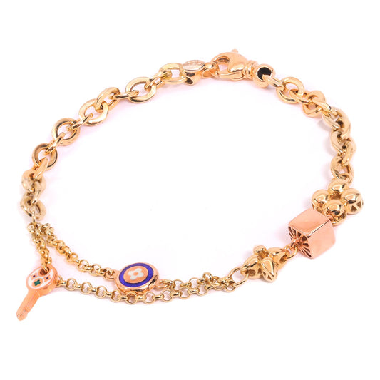 Yellow Gold Bracelet with Key, Evil Eye and Cubic Charms. 18k, 8.1gr, 7 1/2"