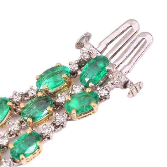 Two-tones Emerald Diamond Bracelet Three Rows Natural Emerald. TEW: 13.4ct 114 Round Diamond TDW:1.02ct VS GH