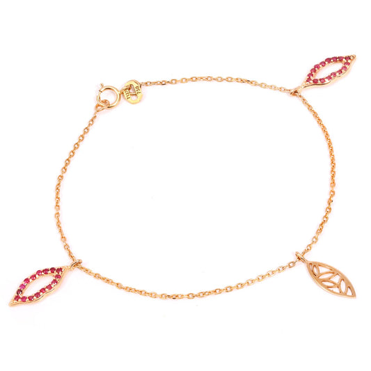 Yellow Gold station bracelet with three dangling Leaf, 18k, 2.14gr, 6 Inches