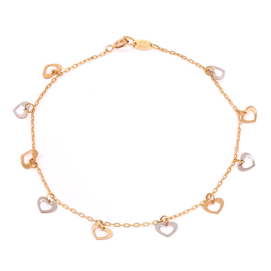 Yellow gold station bracelet with white and yellow gold heart, 18k, 6 1/2 Inches, 1.62gr