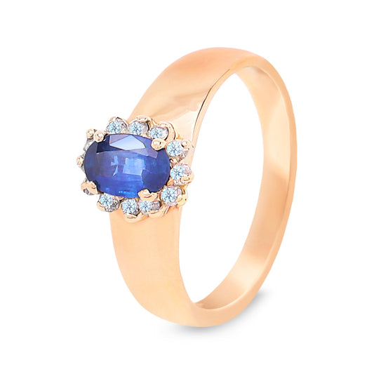 Yellow Gold Halo Sapphire and Diamond Ring, 14K, TDW:0.12ct SI, G-H,