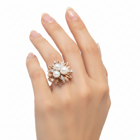 14K Yellow Gold Pearl & Diamond Vintage Floral Ring