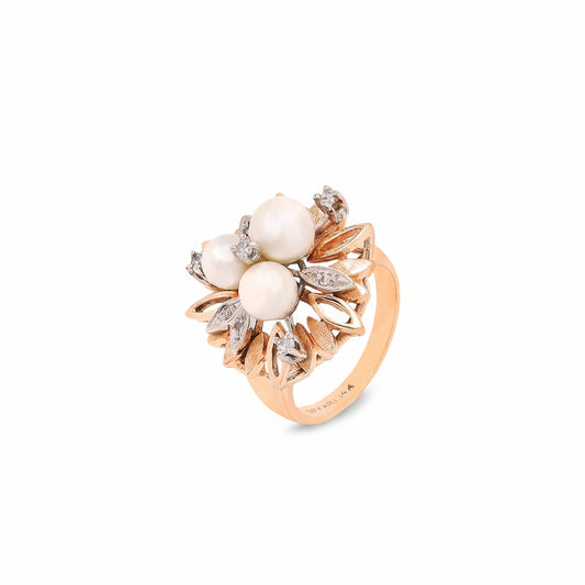 14K Yellow Gold Pearl & Diamond Vintage Floral Ring