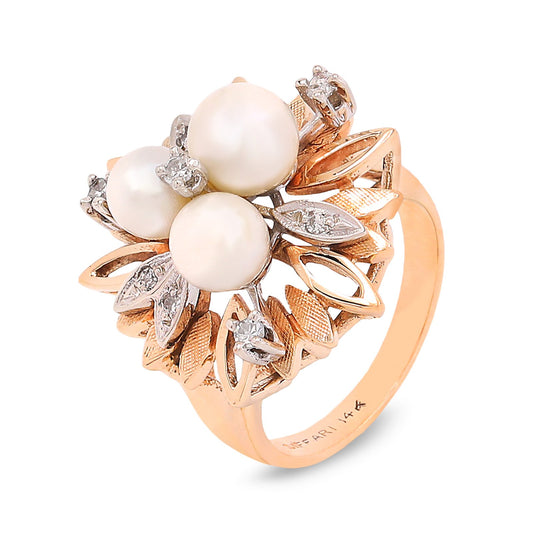 Yellow Gold Pearl and Diamond Floral Ring, 14K, TDW:0.08ct,VS2/I2, I/J