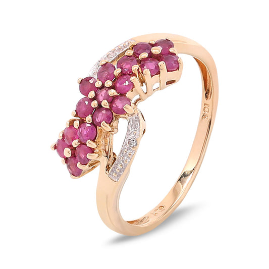 Yellow Gold Flowers Ruby Ring and set with two Diamonds. 10k, R 0.42ct