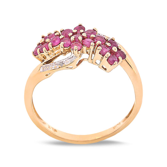 Yellow Gold Flowers Ruby Ring and set with two Diamonds. 10k, R 0.42ct