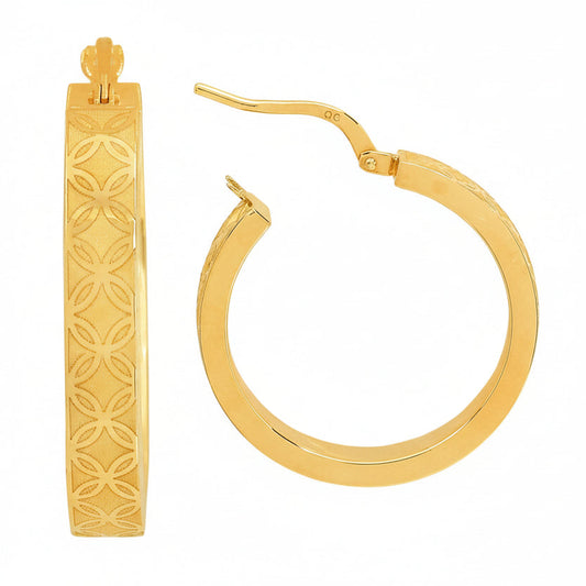 14K Yellow Gold Engraved Floral Hoops Earrings
