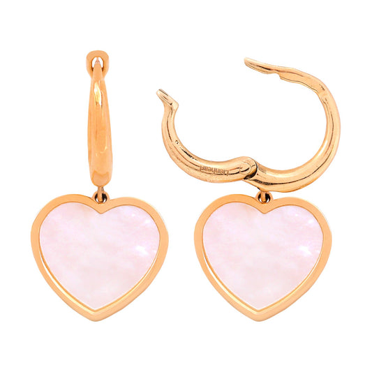 Yellow Gold Hoop Earrings with Mother of Pearl Heart Charms, 14k
