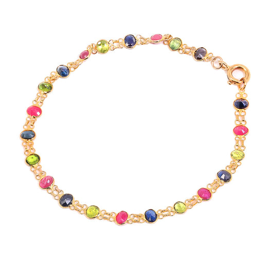 Yellow Gold Station Bracelets Setting with Natural Round Sapphires, Rubies and Peridots, 18k