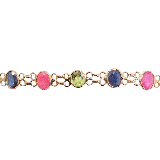 Yellow Gold Station Bracelets Setting with Natural Round Sapphires, Rubies and Peridots, 18k