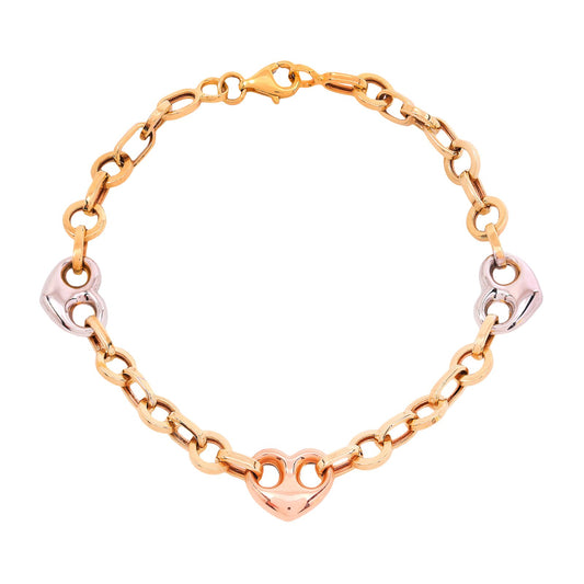 Tricolor Gold Link Bracelet with Heart Accents 14k, 7inch