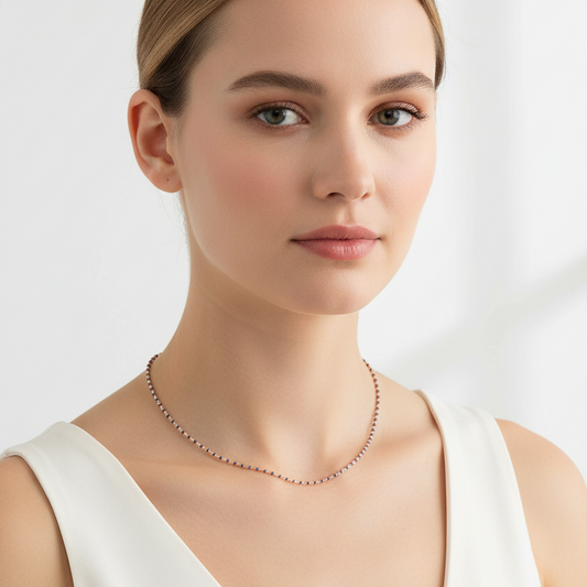 Yellow Gold Beaded Chain with Blue Enamel Accents, 14k, 15-16inch