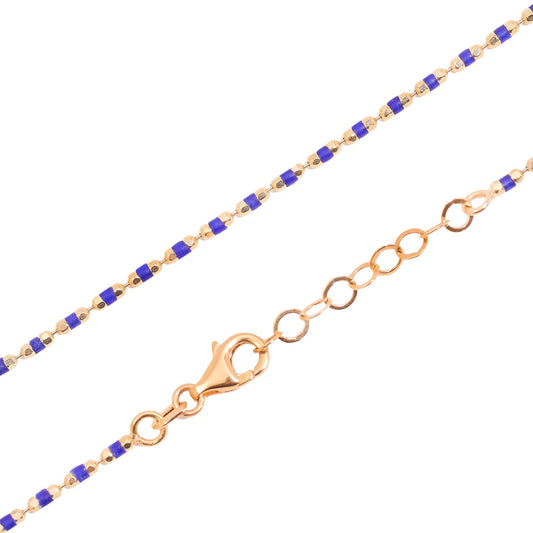 Yellow Gold Beaded Chain with Blue Enamel Accents, 14k, 15-16inch