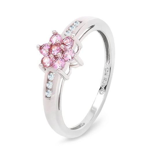 White Gold Ring with Pink Quartz Flower Setting and 6 Small Diamonds on Shoulders, 10k