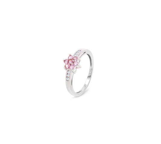 10K White Gold Ring Pink Quartz & Diamond Flower Cluster Ring