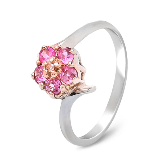 White Gold Ring with Pink Quartz Flower Setting and Small Diamonds on the middle, 10k, 2.31gr