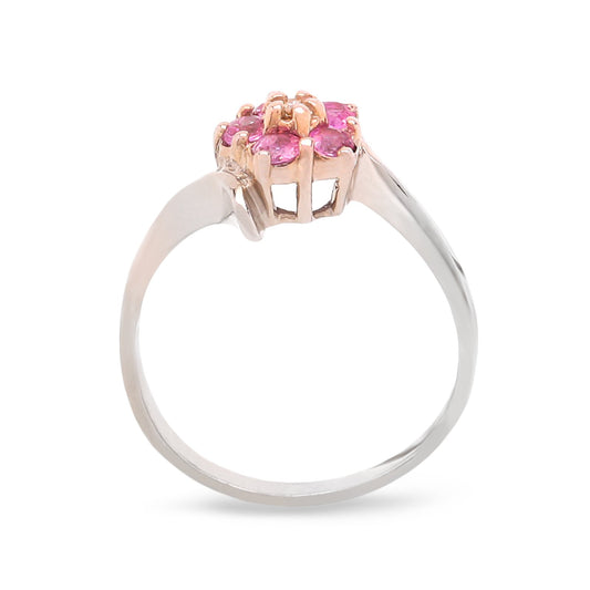 White Gold Ring with Pink Quartz Flower Setting and Small Diamonds on the middle, 10k, 2.31gr